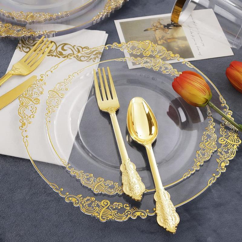 25p Transparent Hot Stamping Plate Disposable PS Hard Plastic Tableware Gold Border Relief Plate Multi-color European Tableware