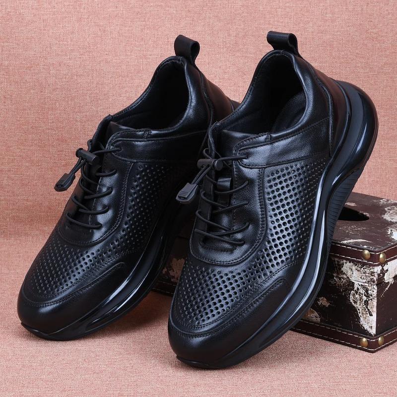 Leather hollow men's shoes breathable air cushion sports shoes full cowhide thick-soled casual punched leather shoes men