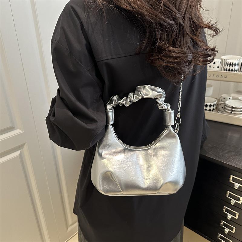 Chic Shiny Women Shoulder Y2K Bag, Crescent Ruched Handbag Purse with Pearl Bow Charm Adjustable ,Chain Strap Crossbody Bag