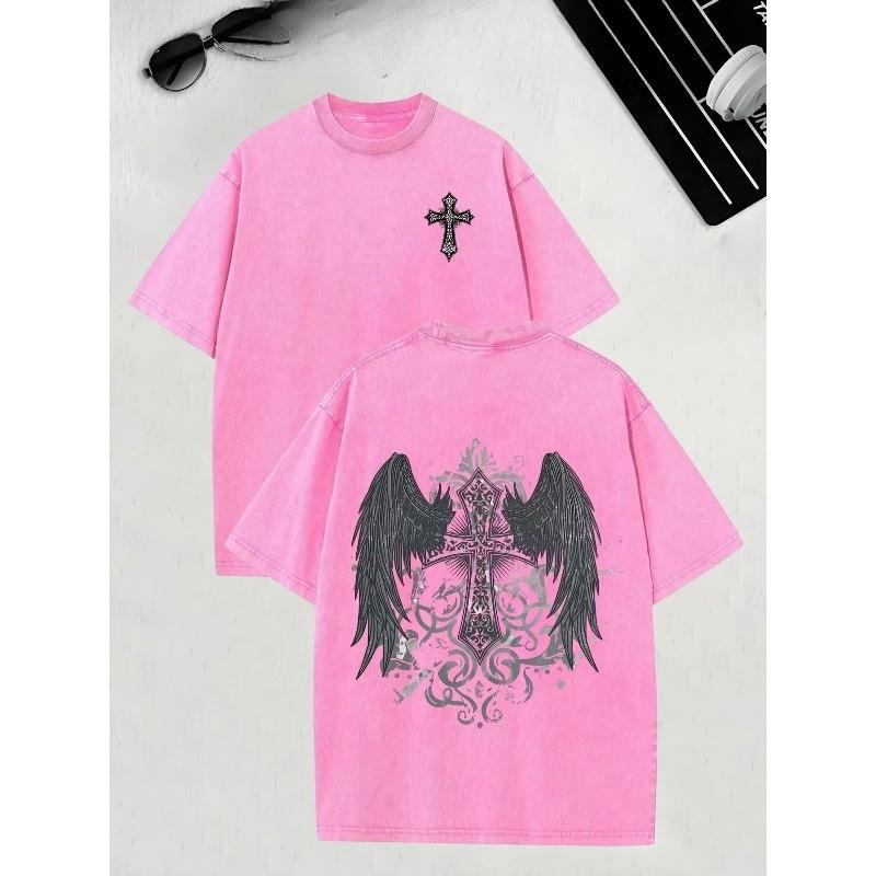 Street Retro Style Front and Back Pattern Printed Men s Fashionable T-shirt, High-quality Heavyweight Washed T-shirt, Retro Distressed Men s S розовый