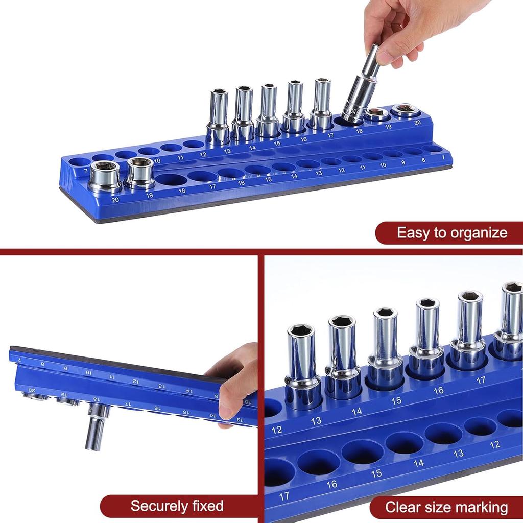 HARFINGTON Magnetic Socket Organizer 1/4" Drive Metric Socket Holder Tray Socket Storage Rack Holds 26 Standard and Deep Size Sockets, Blue