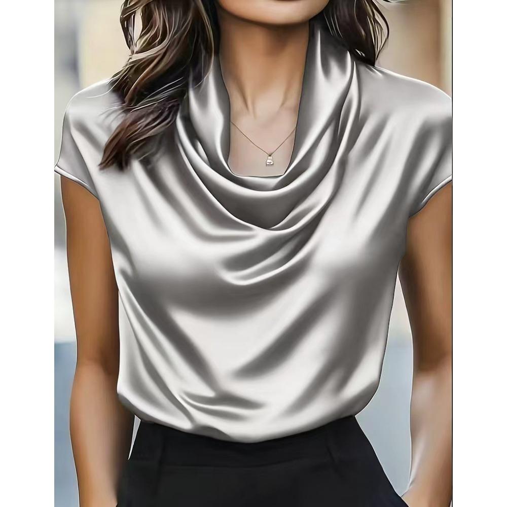 Damskjorta med draperad halsringning i satin, kort ärm, elegant, enfärgad, kortärmad topp