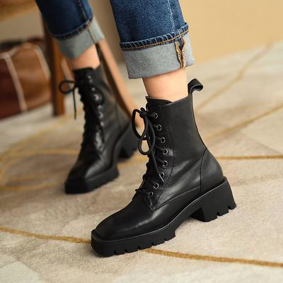 Genuine Leather Winter Lace -Up Women Boots Fashion Square Toe Chunky Heel Ankle Boots Platform Shoes Women Shoes Cross -Tied