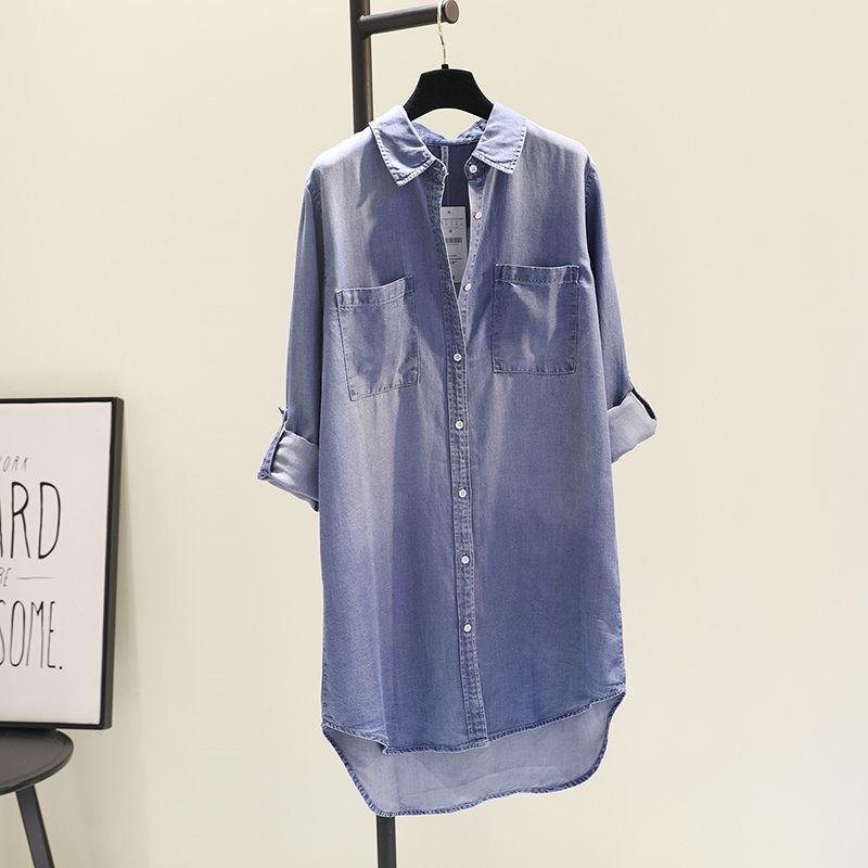 Spring Women's Clothing Shirt Medium Long Containing Cotton Shirt Loose Fit Long Sleeve Double Pocket Rolled Sleeve Thin Blouse