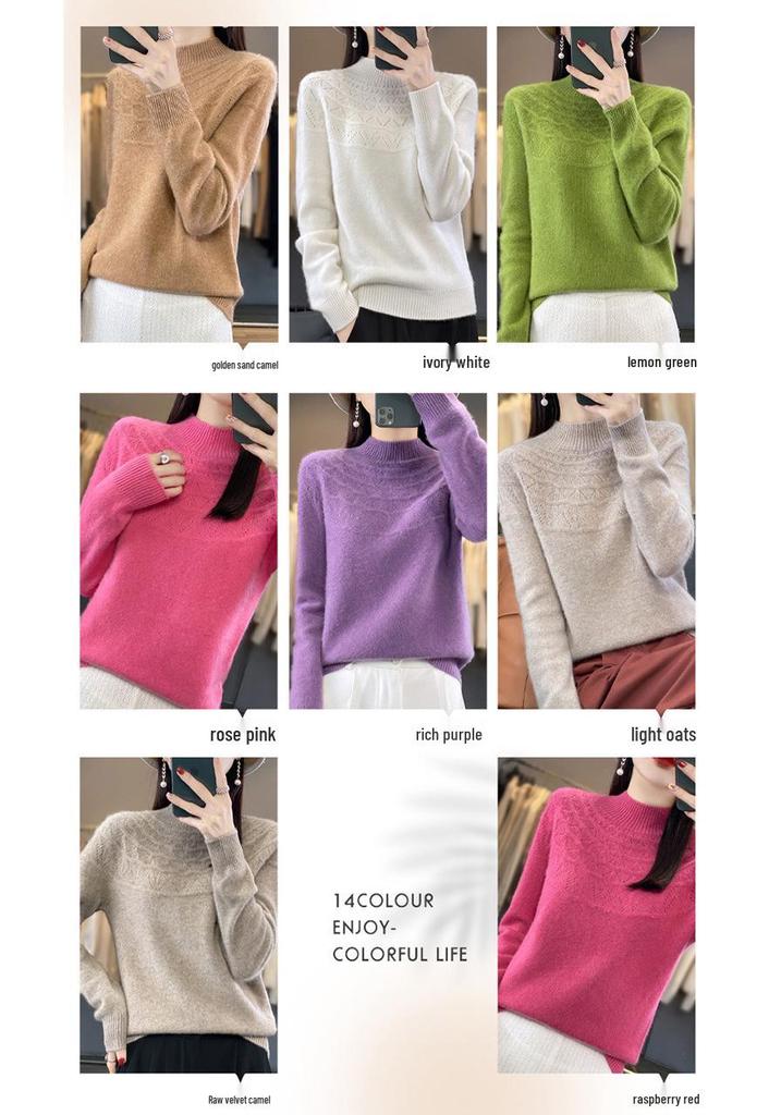 Autumn/Winter Women's Knitwear: Hollow Out Half-High Neck Long Sleeve Loose Slimming Pullover Sweater.