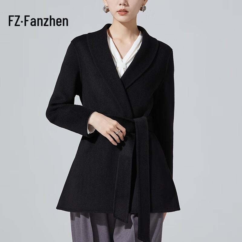 Fanzhen Women's 100% Wool Mid-Length Coat with Belt
