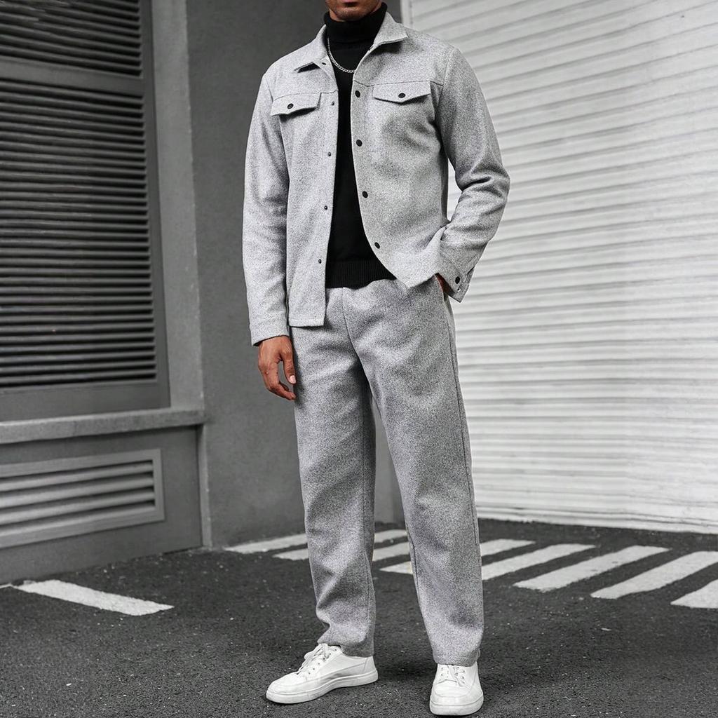 Men's Solid Color Fashion Cardigan Lapel Jacket Suit Loose Pants Long Sleeve Suit