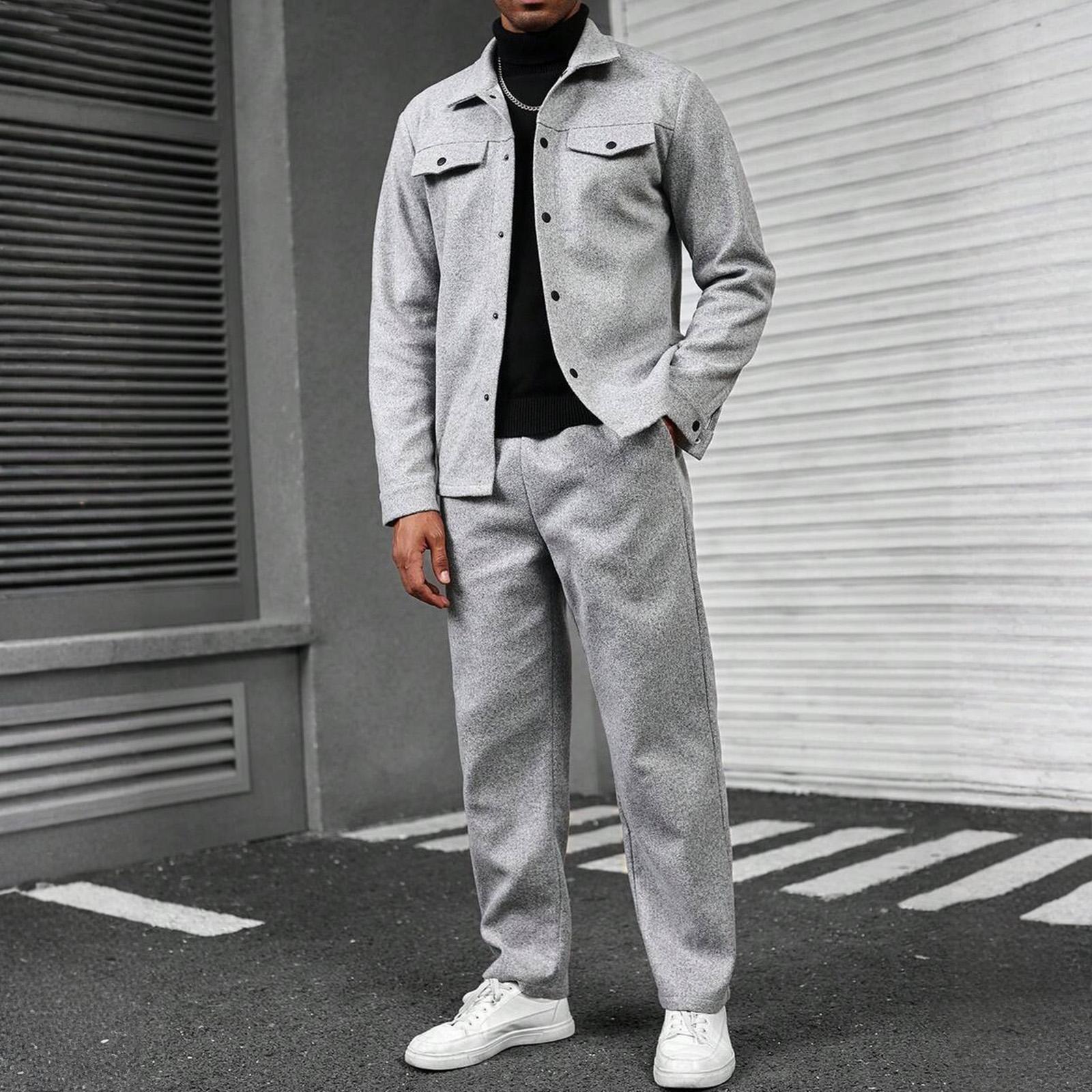 

Men s Solid Color Fashion Cardigan Lapel Jacket Suit Loose Pants Long Sleeve Suit XL светло-серый