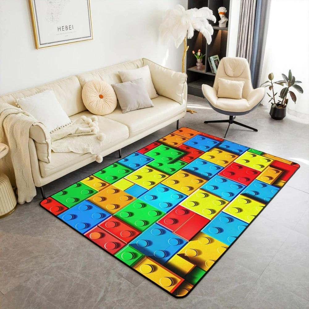Rainbow Building Blocks Inspired Carpets for Living Room Decor Construction Carpet for Boys Girls Bedroom Washable Entrance Rug