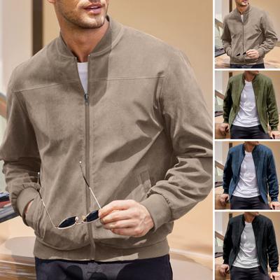 Men Suede Jacket Stand Collar Long Sleeve Zipper Placket Coat with Side Pockets