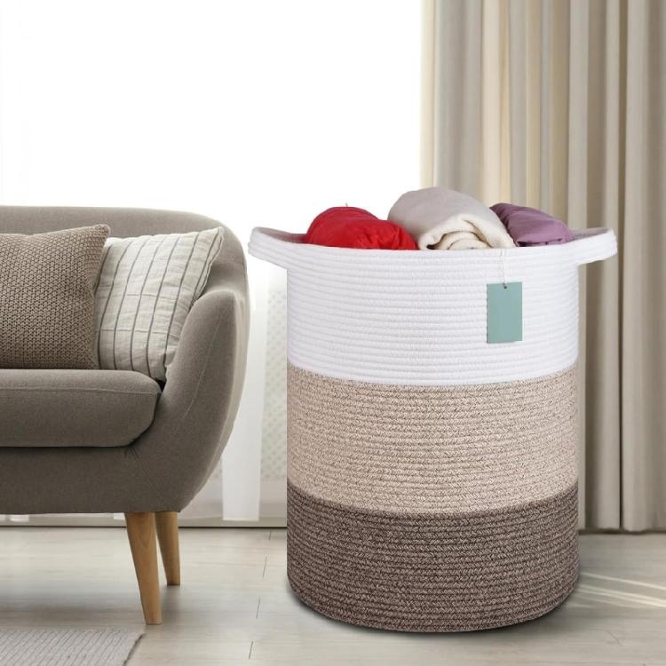 Breathable Cotton Rope Hamper Basket With Supportive Handles Large Capacity Storage Container For Clothes