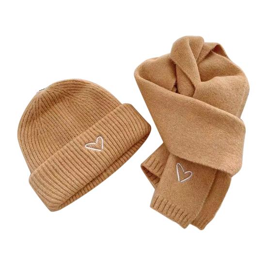 2Pcs/Set Knitted Hat Scarf Set Heart Embroidery Pattern Kids Brimless Hat Long Scarf Set Soft Breathable Winter Accessory