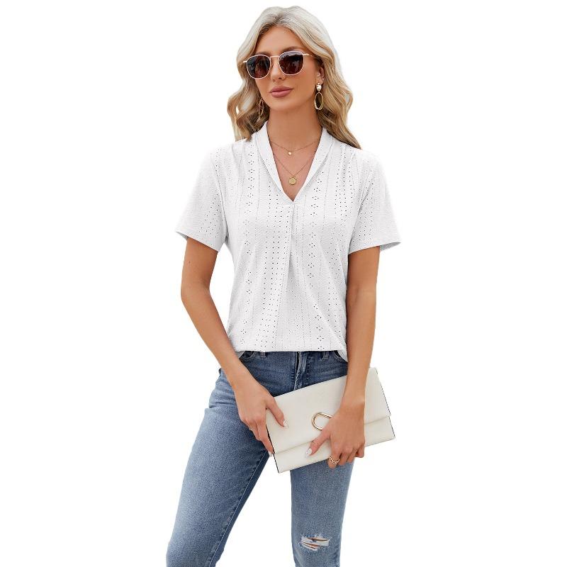 Women's Spring and Summer New, V-neck Jacquard, Loose Tops, Lapel Swallowtail, Short Sleeve T-shirt
