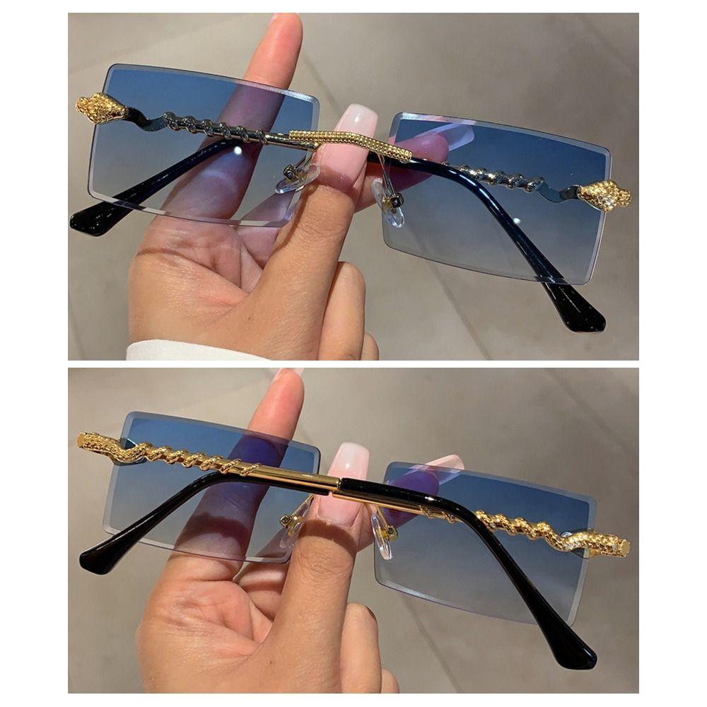 Stylowe Metalowe Okulary Przeciwsłoneczne Bez Oprawek w Kształcie Węża Kwadratowe Oprawki Bezramkowe Street Shades Soczewki Gradientowe Okulary Przeciwsłoneczne dla Kobiet i Mężczyzn