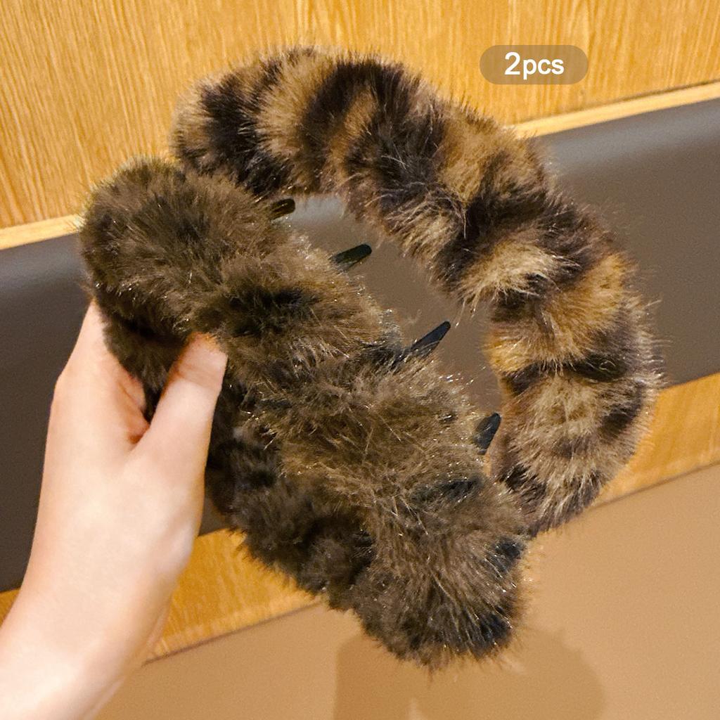 2 Leopard Print Plush Long Toothed Headband Hair Accessories for Daily Use