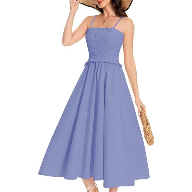 Abiti casual a vita alta con bretelle senza maniche stampa tinta unita primavera estate moda donna