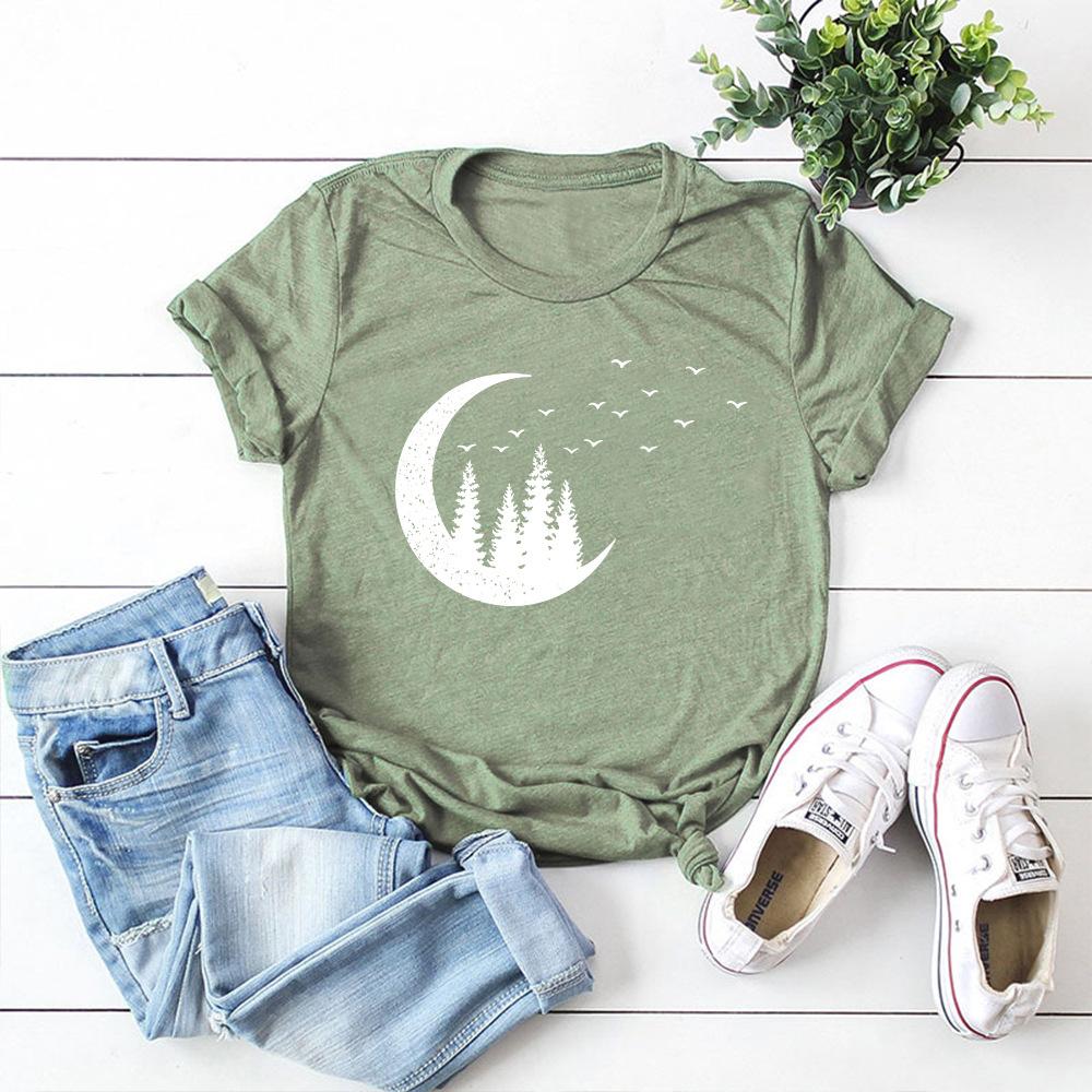 Starry Sky Moon Forest Pattern Cotton Loose Round Neck Short Sleeve Women's T-shirts