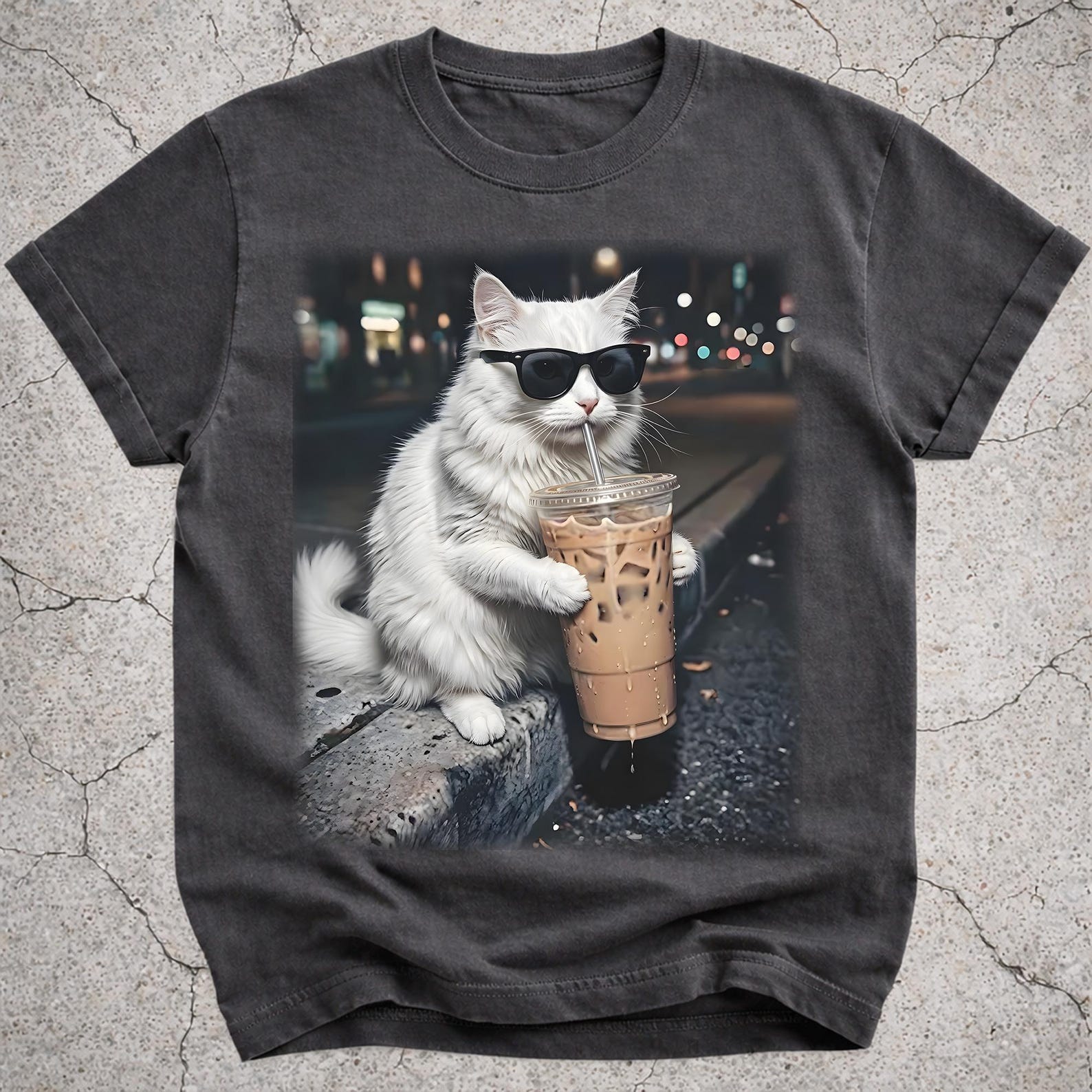 Funny White Cat Drinking Iced Coffee Shirt, Cat Mom Gift, Animal Lover Tee S