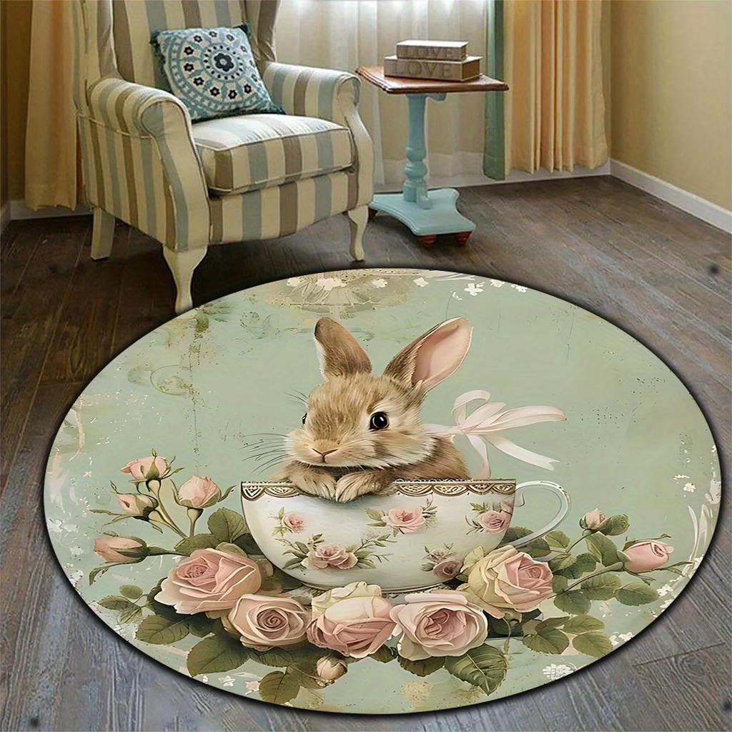 Easter Cute Rabbit Patterned Rug Round Area Rug Decoration Suitable for Living Room Bedroom Office Game Room Children Gift
