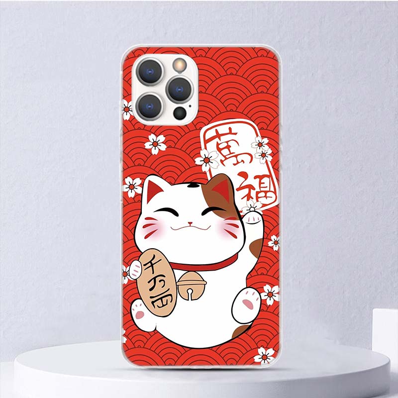 Lucky Cat Maneki Neko Japanese Soft Case For iPhone 16 17 Air 16E 15 Plus 11 12 13 Mini 14 Pro Max Phone Cover Apple 7 8 SE Coqu