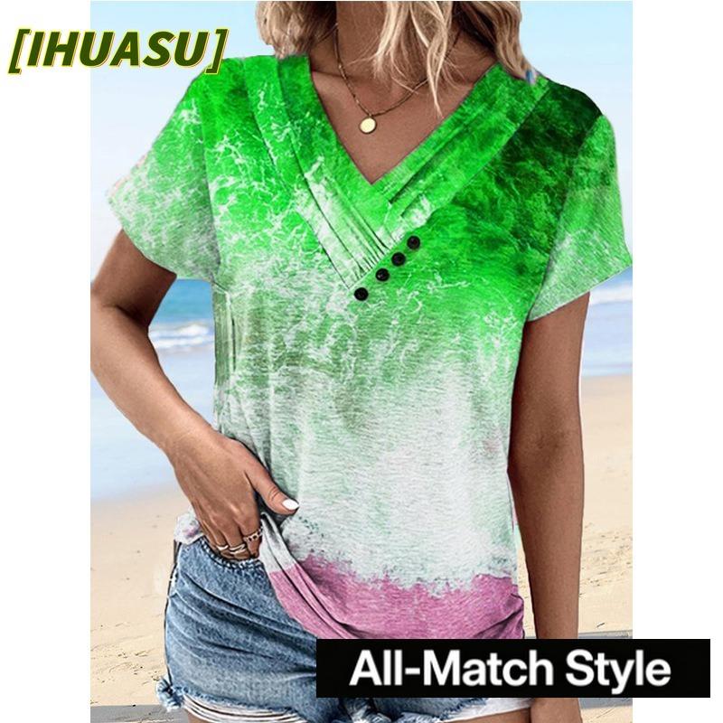 IHUASU Women's Fashion Casual V-Neck Short Sleeve Blouses & Shirts