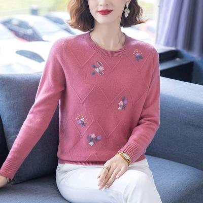 Women's Wool Sweater Round Neck Embroidery Plus Size Sweater Spring Fall Winter Loose Short Pullover Knitwear