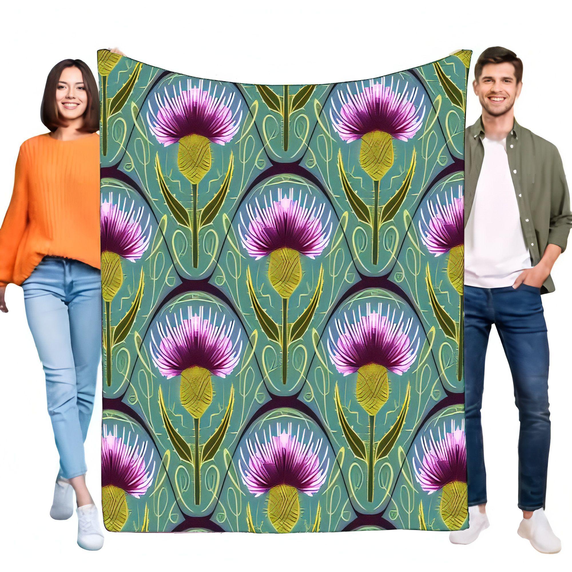 Unique Purple Thistle Floral Flannel Blanket Soft Cozy Lightweight Throw for Bed Sofa Couch Home Decor Gift Size: 75*100cm, Weight: 230 GSM