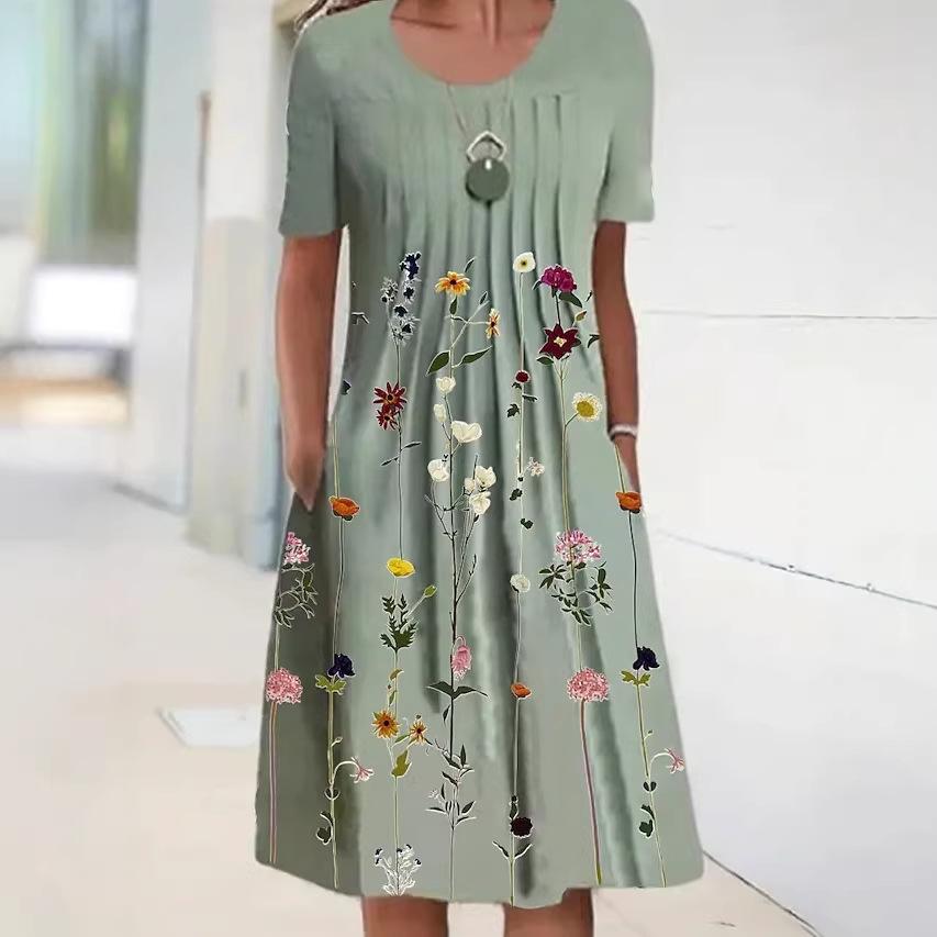 2023 Floral Print Round Neck Midi Dress for Women - Spring/Summer Collection