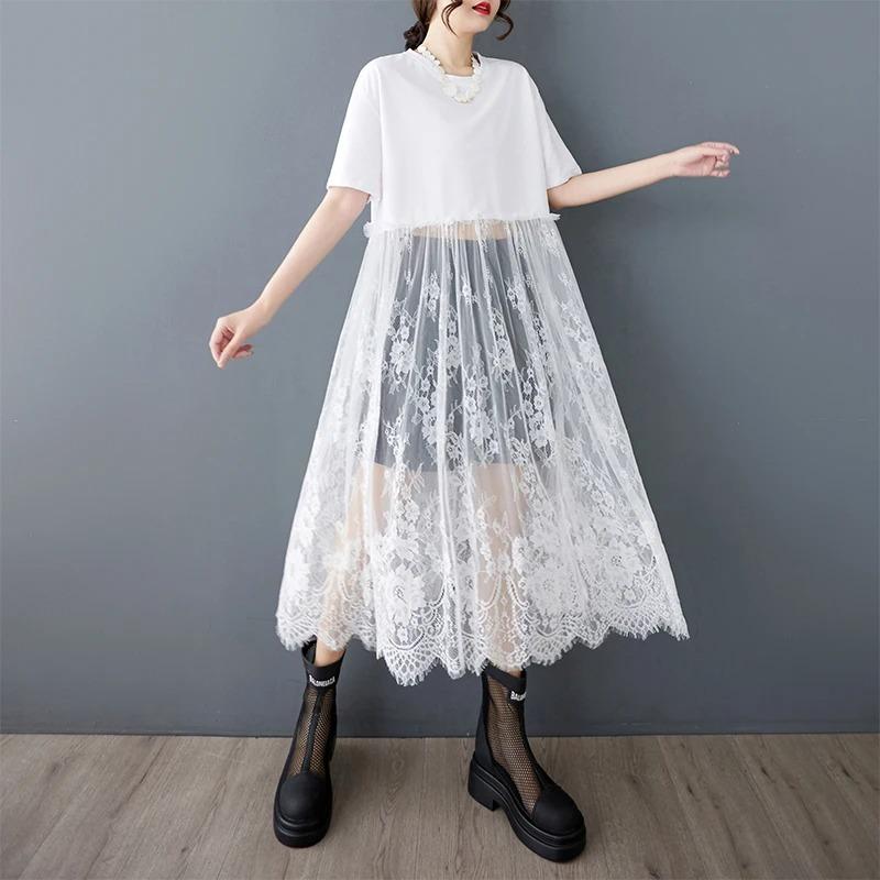 

XITAO Patchwork Lace Short Sleeve Dress ZMY1214 One Size белый