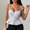 Sexy Floral Print Backless Tie-Up Bandeau Top Ruffles Slimming Spaghetti Strap Spring Summer Women's Y2K Fashion Tops