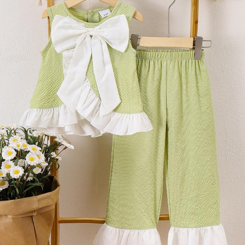 Girls' Fashionable Green Outfit - Summer Children's Casual Sleeveless Tunic Pants Set
