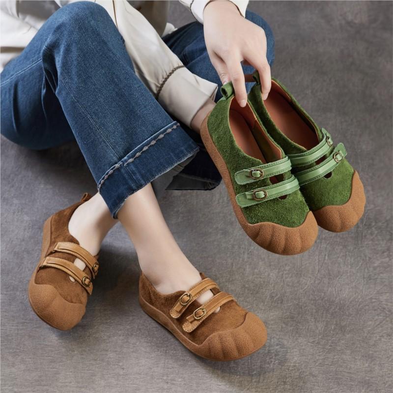 Johnature Retro Loafer mit weicher Sohle Echtes Leder Runde Spitze Flach Damen Flache Schuhe