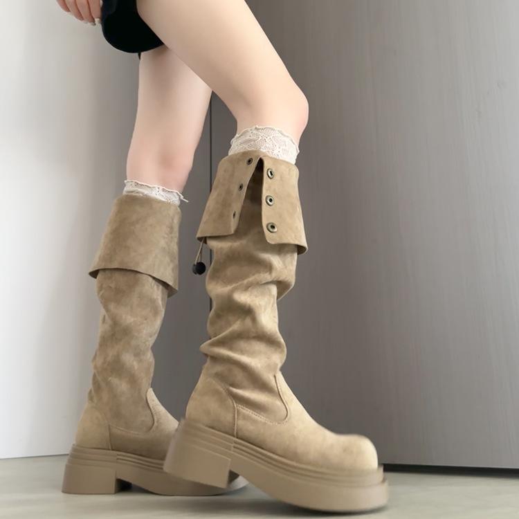 

Женские сапоги на толстой подошве 2025 новая осень и зима но до колена замшевые сапоги женские тонкие высокие сапоги для верховой езды 39 хаки