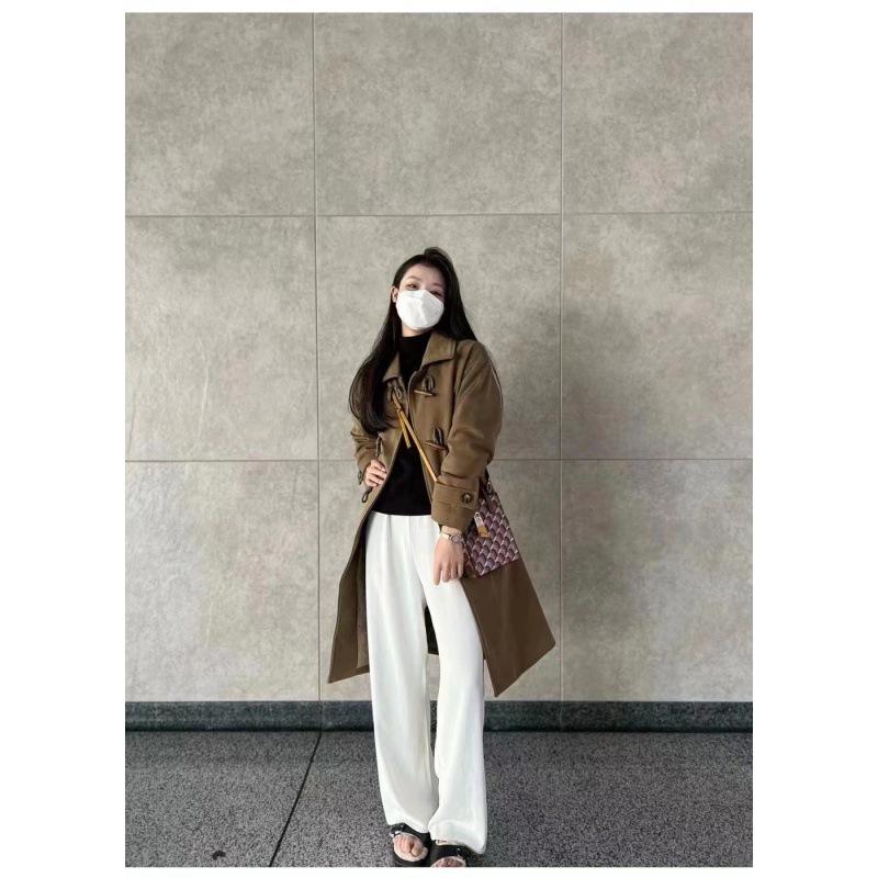 Horn Button Woolen Coat Women's Autumn and Winter Woolen Coat Petite Hepburn Style