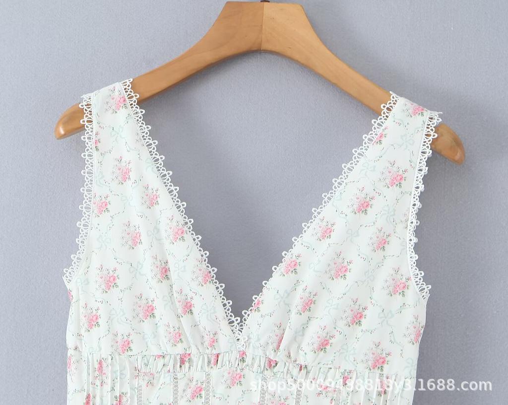 House French romantic sweet lace splicing floral waist thin tutu dress women's summer V-neck dress