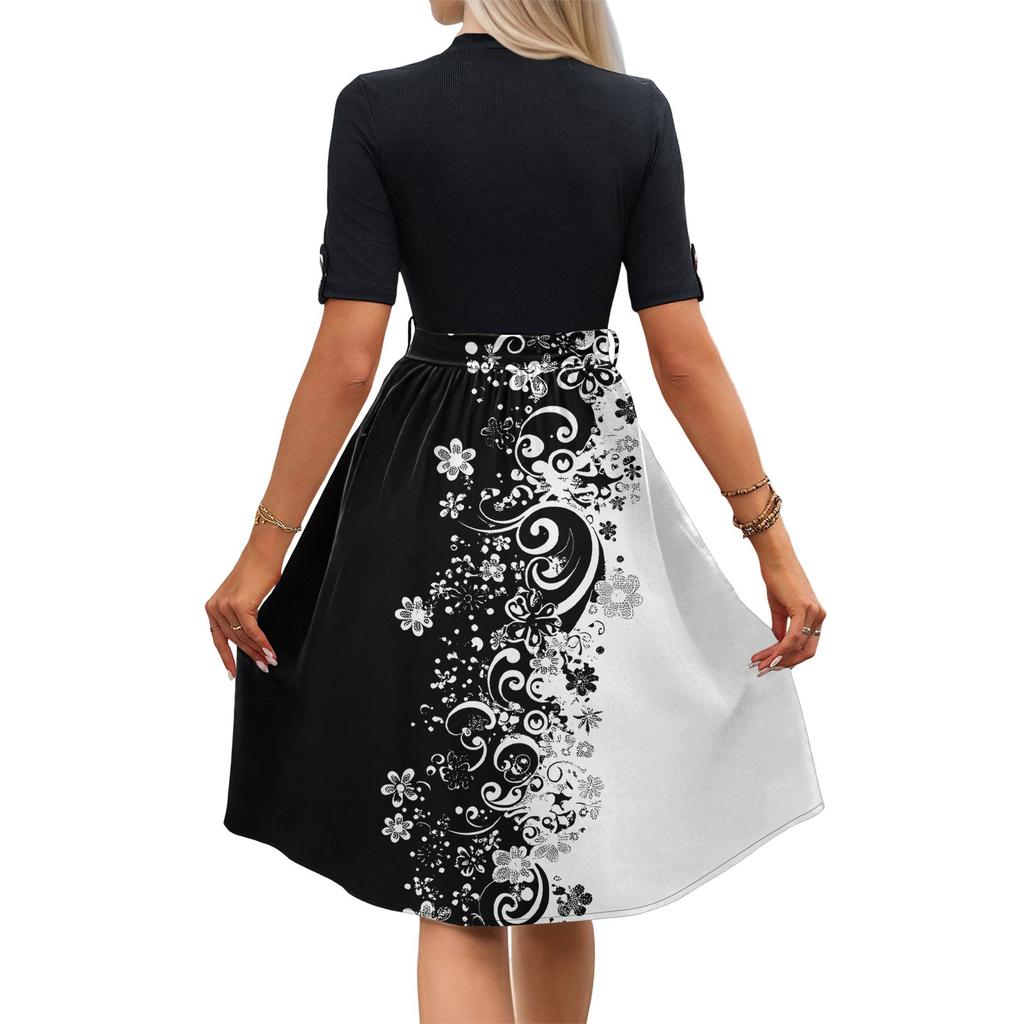 Women's Fashion Casual Belt Short Sleeve Round Neck Floral Elegant Temperament Dress