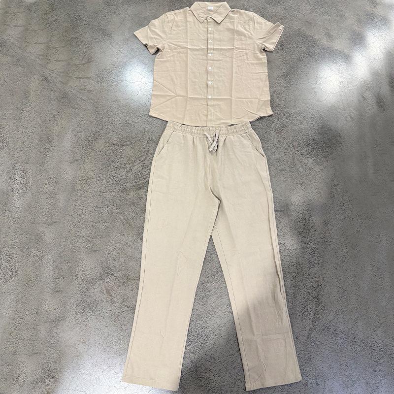 Men's European & American Linen Short Sleeve Shirt and Long Pants Set for Summer