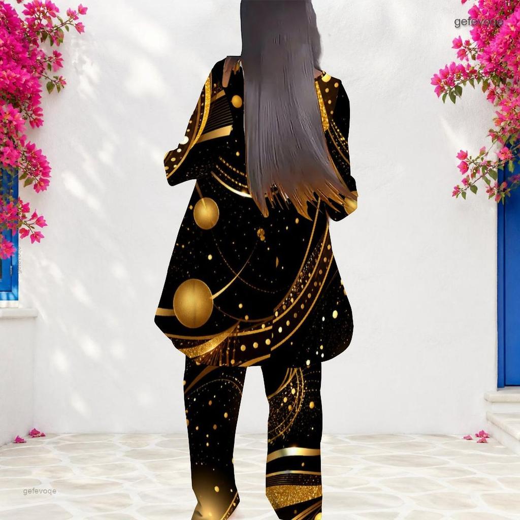 Women Plus Size Round Neck Long Sleeve Printed Irregular Top And Long Pants Two Piece Set