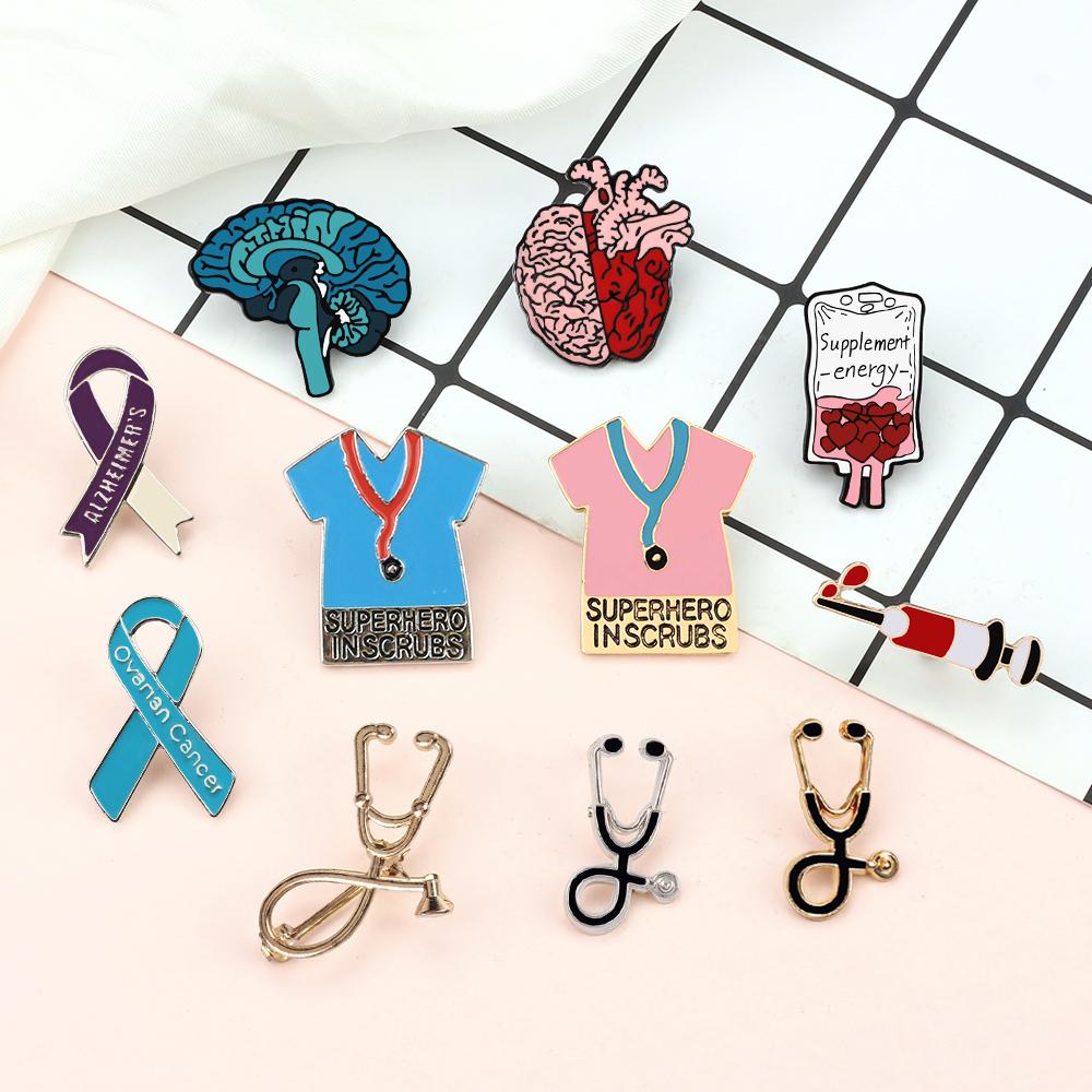 Creative Nurse Doctor Brooch Medical Theme Stethoscope Syringe Enamel Pin Heart Brain Surgical Suit Lapel Badge Accessories Gift