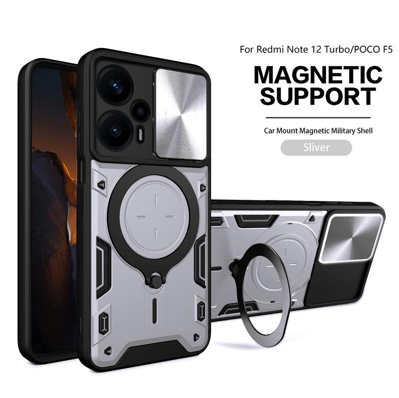 Pour POCO F5 5G Coque Support Magnétique pour Voiture Anneau Coque Blindée pour Xiaomi Poco F5 Pro F 5 F5Pro PocoF5 Couvercle de Protection d'Objectif Coulissant