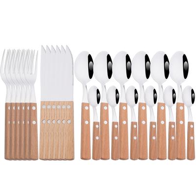 6/24Pcs 304 Stainless Stee Cutlery Set Luxury Wooden Handle Dinnerware Flatware Set Kitchen Western Knife Spoon Fork Tableware