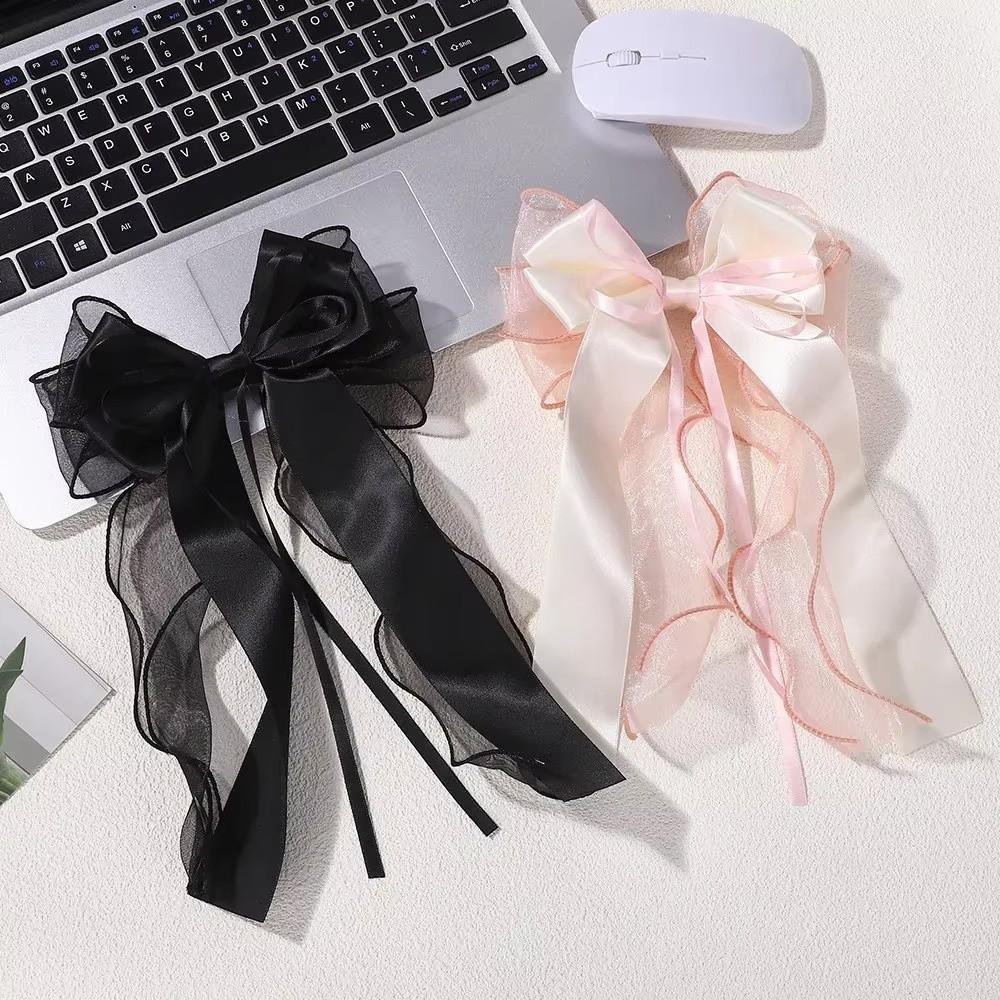 Lace Bow Ribbon Hair Clips Long Tails Ribbon Satin Hairpins Elegant Coquette Barrettes Women Girls