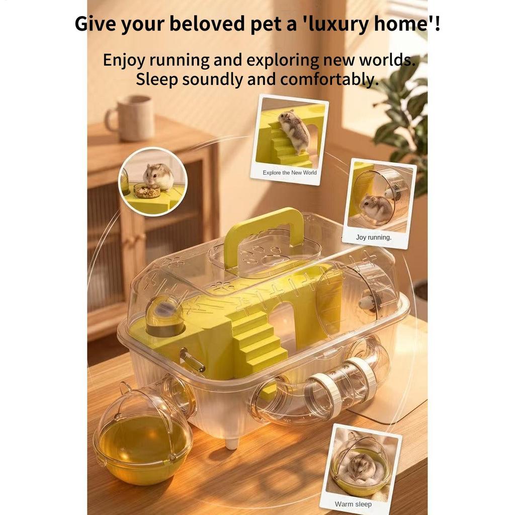 Gerbil Cage 2-Layer Clear Detachable Assembled Nest With Tunnel And Silent Wheel 37x25x22cm Mouse Cage For Exercise Bedding