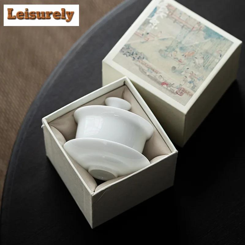 140ml Iced Jade Wihte Porcelain Gaiwan Luxury Brewing Tea Sancai Tea Tureen Household Tea Making Cover Bowl for Tea Ornaments