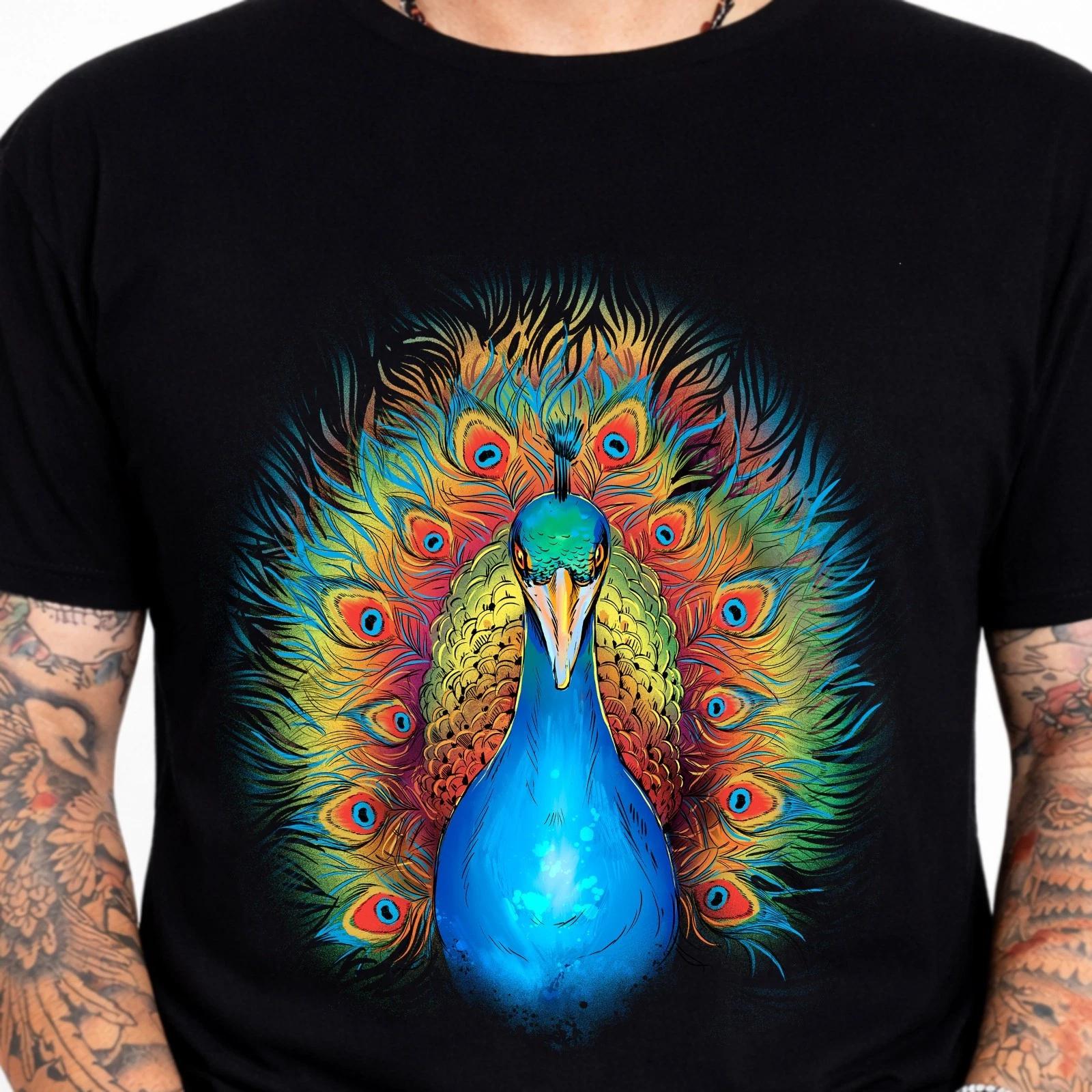 Peacock Feathers Graphic T-Shirt Bird Animal Nature Lover Colorful Gift . XXXL