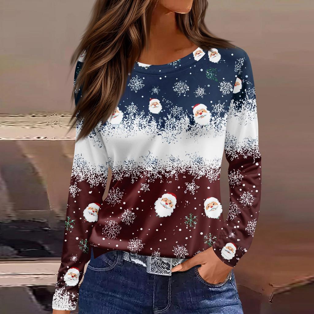 Women's 3D Gradient Striped Santa Claus Head Print Round Neck Long-sleeved T-shirt Top