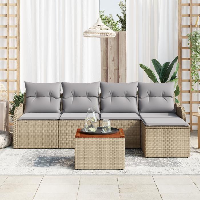 Ensemble de canapé de jardin 6 pièces avec coussins Beige Rotin synthétique Acacia, Canapé de jardin 2 places avec rangement 3356110