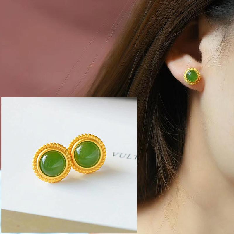 Hetian Jade Ear Hook Earring Women's High-end Temperament Ethnic Retro Earrings Cloisonne Craft Dangler Gift