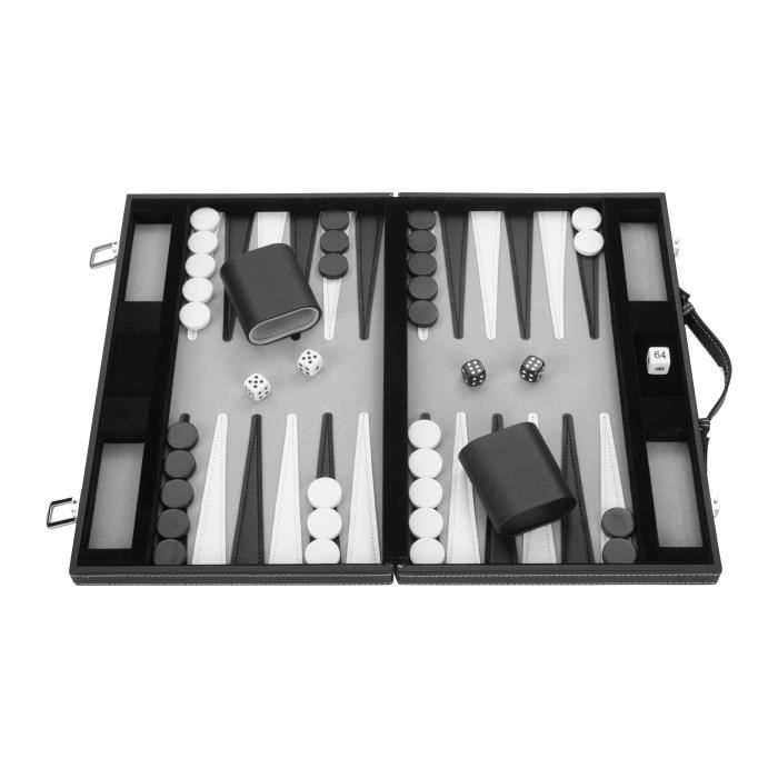 Backgammon 15"; 38 cm, dans Une Valise, Feutre et Simili Cuir surpiqués (Noir/Blanc/Gris)