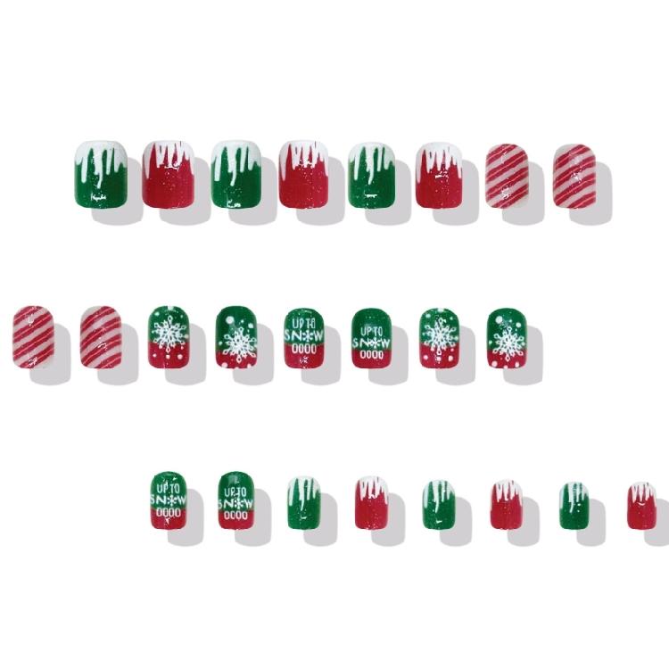 24Pcs Christmas Themed Press on Tips Scintillate Lined Striped Christmas Snowflake Design Short Square Artificial Nail Tips